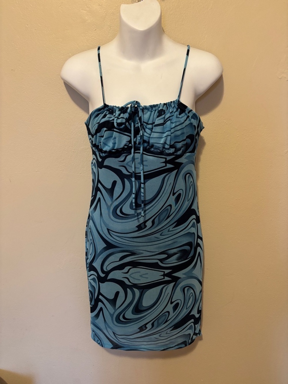 Blue Swirl Spaghetti-Strap Mini Dress with Tie Detail